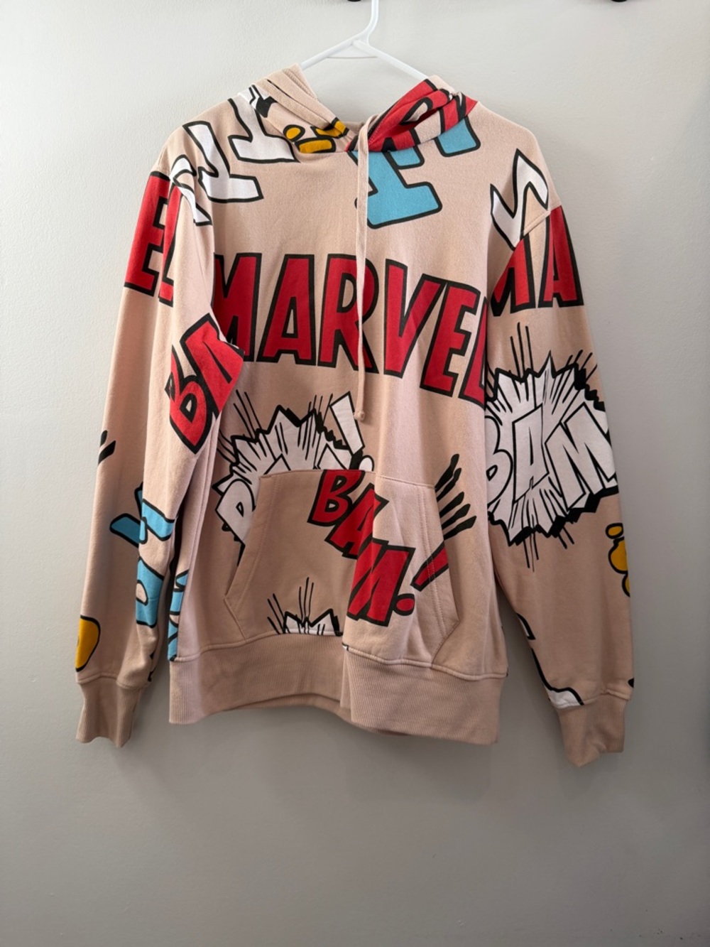 Marvel Beige Zip-Up Hoodie with Red & Blue Comic Graphics